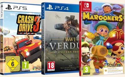 Boxed copies of Crash Drive 3, the WW1 games and Marooners on PS5, PS4 and Switch