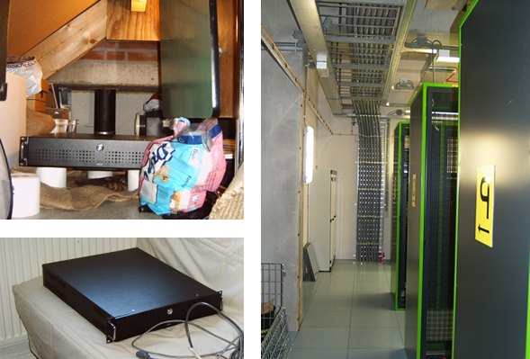 Three photos: a server standing on toilet paper rolls under an attic roof, the same server on a couch, and a datacenter aisle in Amsterdam