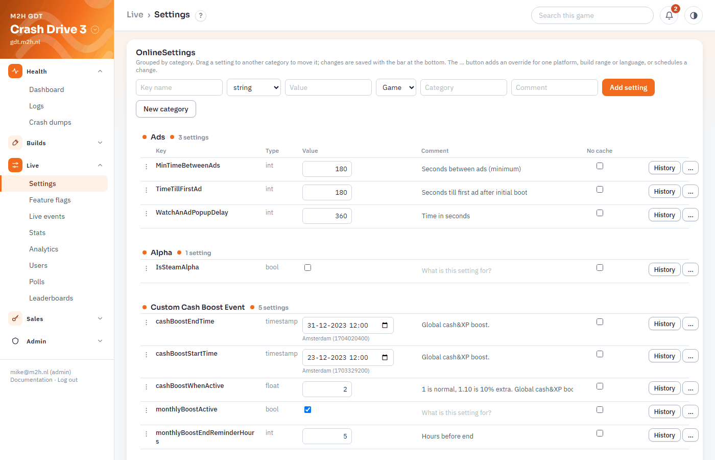 Remote config for Crash Drive 3: ad timing, the alpha switch, and a cash boost event with its dates