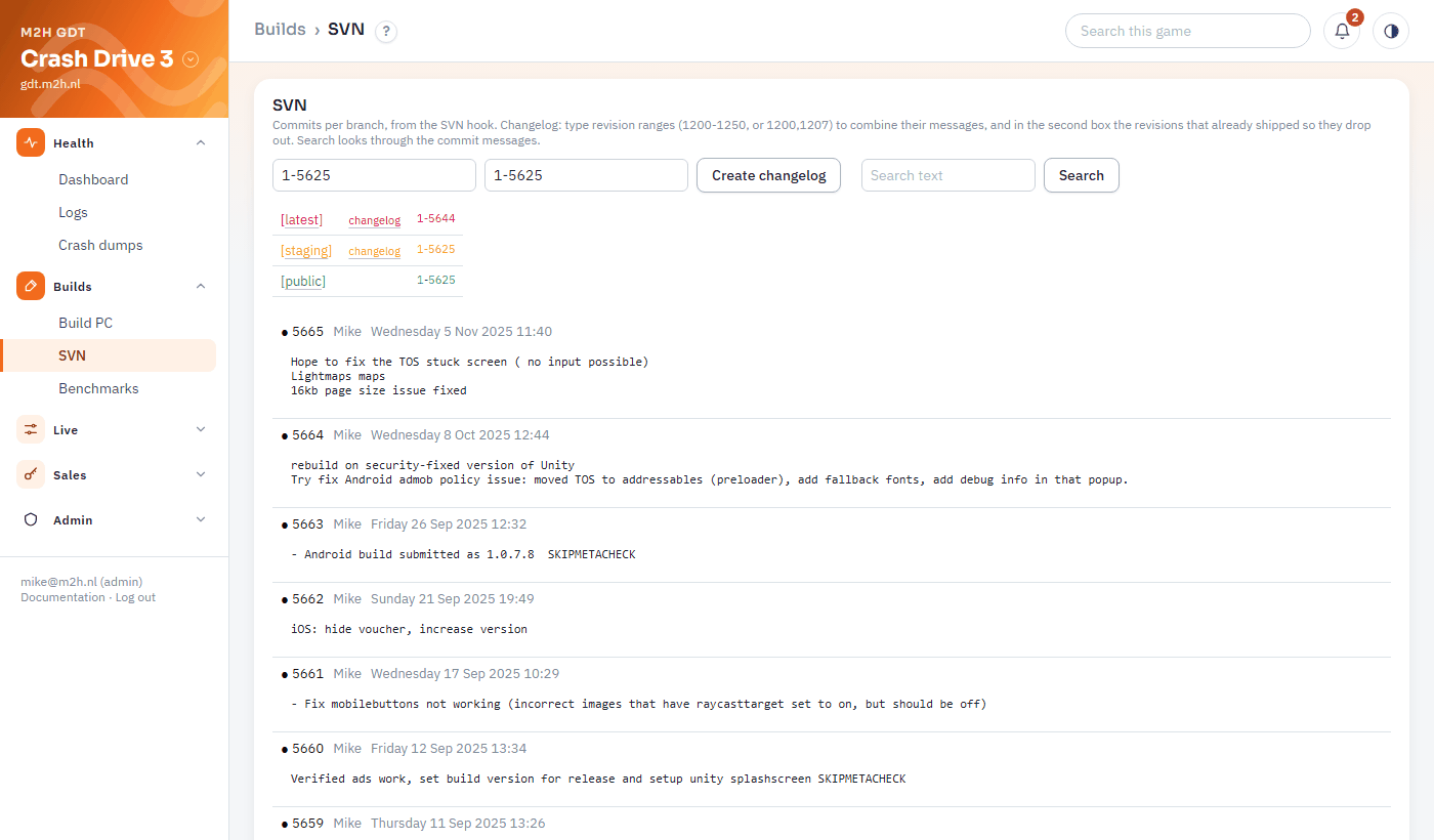 The commit history page: SVN commits with a changelog per Steam branch