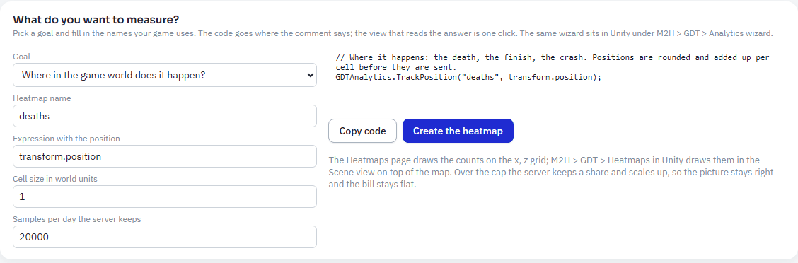 The wizard on the Analytics page: pick a goal, fill in the names your game uses, copy the call