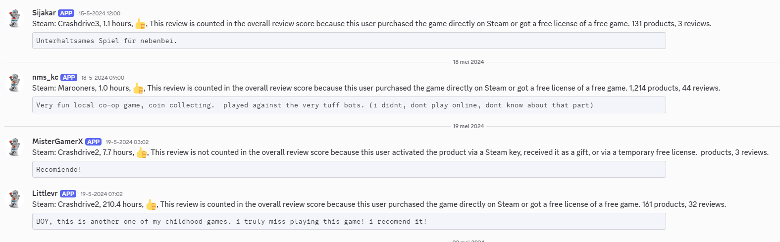Steam reviews as they arrive in Discord, one message per review with playtime and whether it counts toward the score