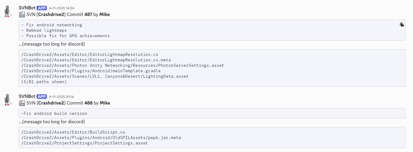 The same commits as they arrive in Discord through the post-commit hook, with the changed paths