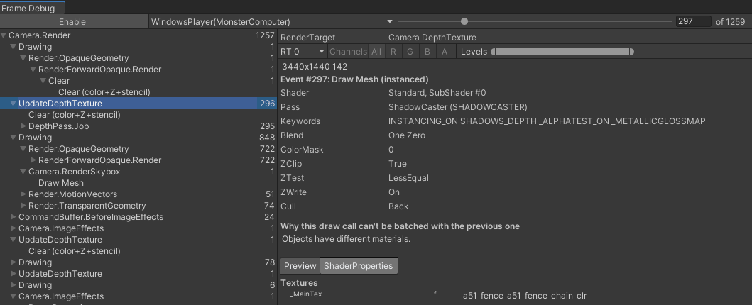 The Unity frame debugger, listing every drawcall in a single frame