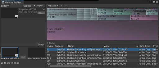 The Unity Memory Profiler breaking memory use down by category